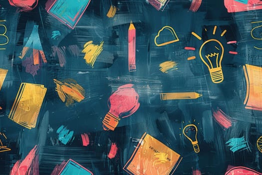 A chalkboard is adorned with colorful brush strokes and intricate drawings of globes, rulers, calculators, pencils, and lightbulbs, creating an inspiring atmosphere.