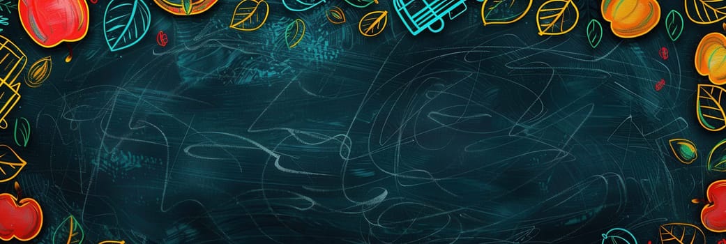 A vibrant chalkboard showcases colorful brush strokes and detailed drawings of globes, rulers, calculators, pencils, and lightbulbs, enhancing the classroom's atmosphere.