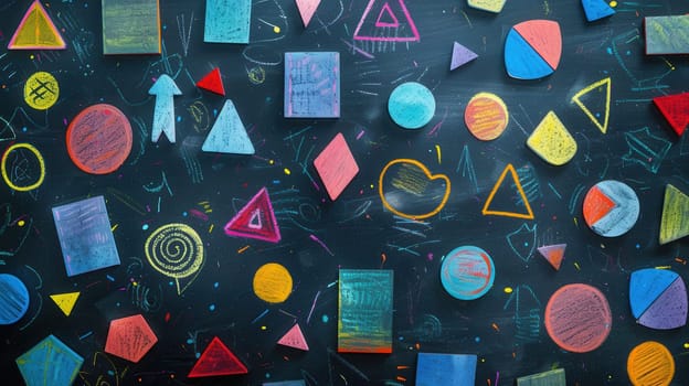 Colorful geometric shapes and patterns are drawn on a blackboard, showcasing creativity during an art activity in a classroom setting.