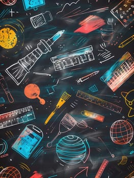 A chalkboard adorned with vibrant brush strokes and intricate drawings of classroom essentials like globes, rulers, and calculators.