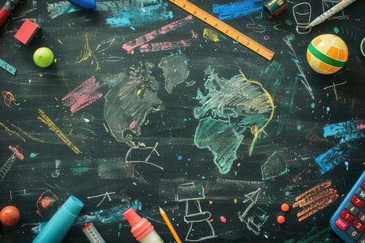 A chalkboard is adorned with vibrant brush strokes and illustrations of globes, rulers, calculators, and other school supplies.
