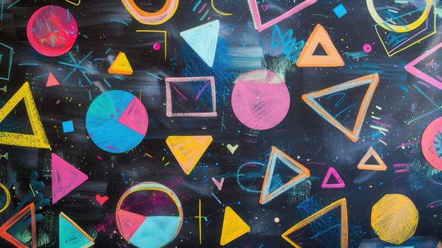 A blackboard showcases a variety of colorful geometric shapes and patterns, enhancing the creativity and learning atmosphere in the classroom.