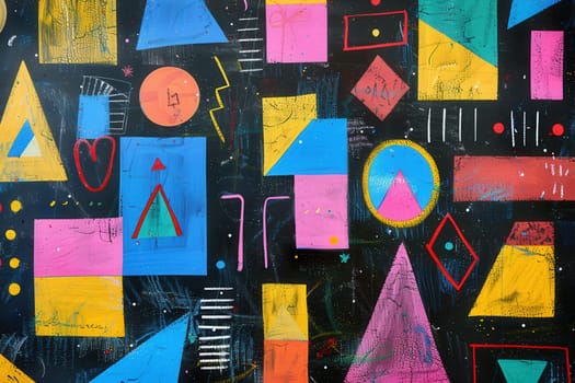 A blackboard displays an array of vibrant geometric shapes and patterns created during a classroom art project, showcasing creativity and imagination.