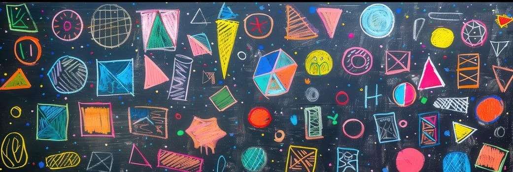 A vibrant blackboard features an array of colorful geometric shapes, inviting creativity and artistic expression in an educational setting.