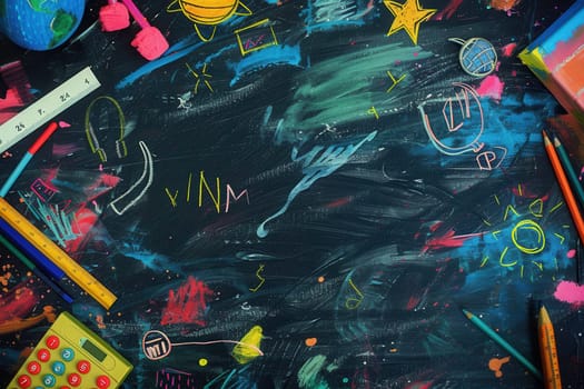 A chalkboard adorned with colorful brush strokes and drawings of classroom items, showcasing creativity and learning in an engaging educational setting.
