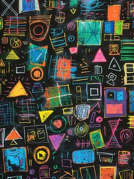 A blackboard showcases vibrant geometric shapes and patterns, created with chalk in a classroom, reflecting creativity and artistic expression.