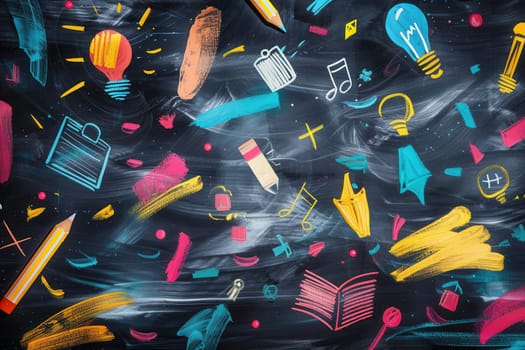 A chalkboard adorned with colorful brush strokes showcases detailed drawings of classroom items, inviting creativity and engagement during lessons.
