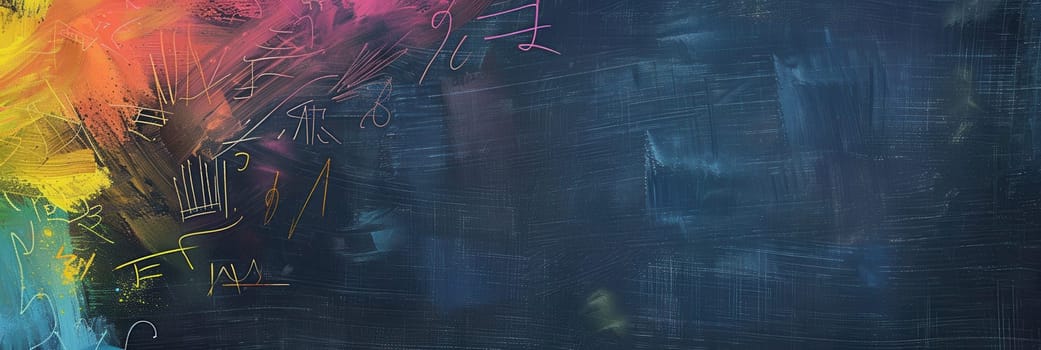 Vivid, colorful spirals and abstract shapes adorn a chalkboard, showcasing creativity during an art activity at the community center.