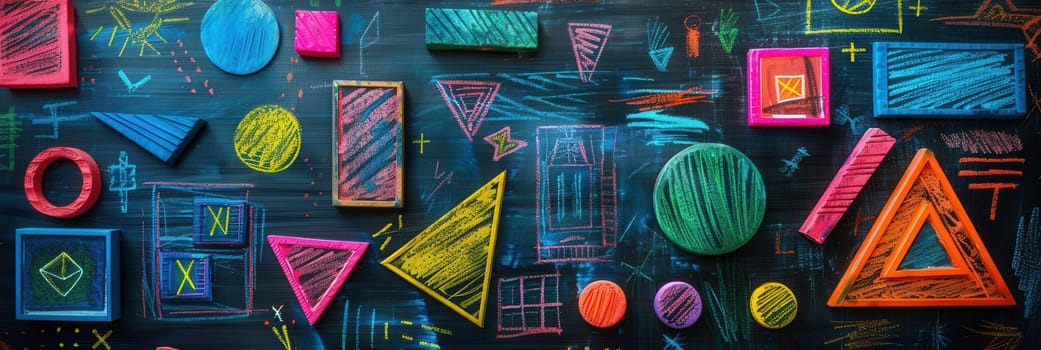 A blackboard displays an array of vibrant geometric shapes and patterns created with chalk during an engaging classroom activity.