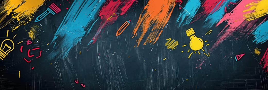 A vibrant chalkboard showcases colorful brush strokes and intricate drawings of classroom items, inspiring creativity and learning among students.