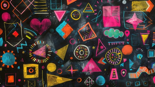 A blackboard displays an array of colorful geometric shapes and patterns, showcasing creativity in a vibrant classroom atmosphere.