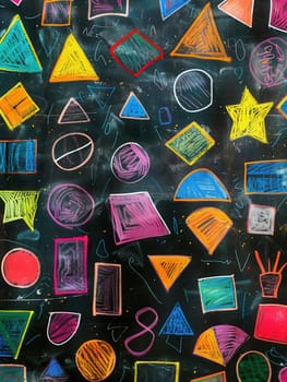 A blackboard displays an array of colorful geometric shapes and patterns created with vibrant chalk, showcasing creativity in a learning environment.
