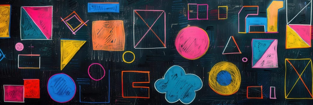 The blackboard is filled with vibrant geometric shapes and patterns created with colorful chalk during an art lesson in a classroom.