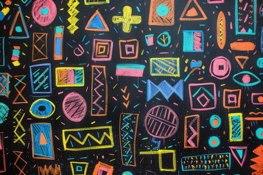 A vibrant blackboard displays an array of colorful geometric shapes and patterns, showcasing creativity and artistic expression in an educational environment.