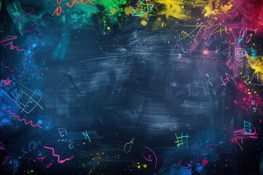 A chalkboard displays vibrant spirals and abstract shapes, showcasing creativity during an engaging classroom art session filled with color.
