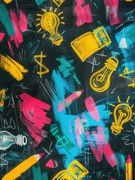 A vibrant chalkboard features colorful brush strokes and detailed drawings of classroom essentials, inspiring creativity in a school setting.