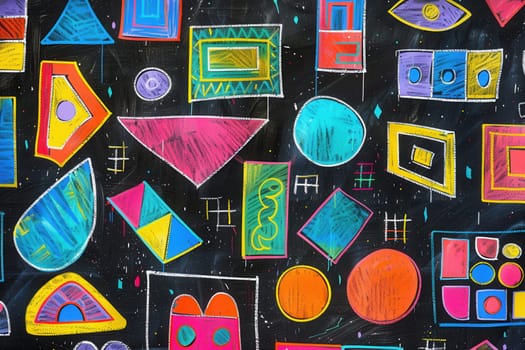 A blackboard features vibrant geometric shapes and patterns, showcasing creativity in an engaging educational environment.