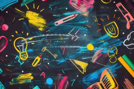 A vibrant chalkboard showcases colorful brush strokes and intricate drawings of classroom items, creating an engaging atmosphere for students and teachers.