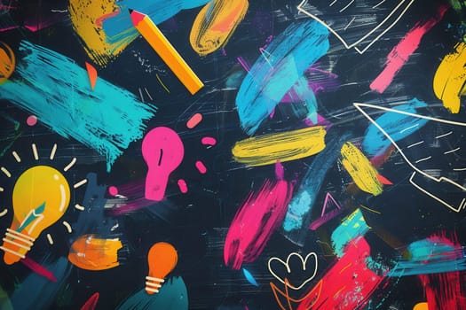 A chalkboard features vibrant brush strokes and detailed drawings of globes, rulers, calculators, pencils, and lightbulbs, enhancing the classroom atmosphere.