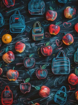 A chalkboard is filled with vibrant brush strokes and detailed drawings of classroom items like globes, rulers, calculators, apples, and backpacks.
