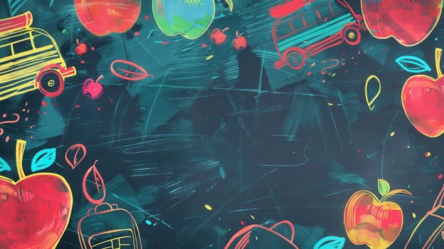A chalkboard adorned with vibrant brush strokes and illustrations of globes, rulers, and lightbulbs creates an engaging educational atmosphere.