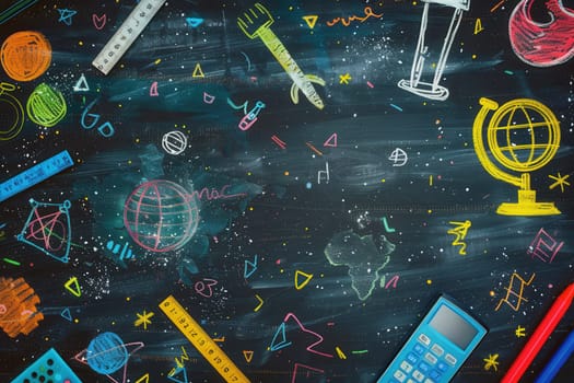 A vibrant chalkboard showcases colorful drawings of globes, rulers, calculators, and lightbulbs, creating an engaging atmosphere for learning.