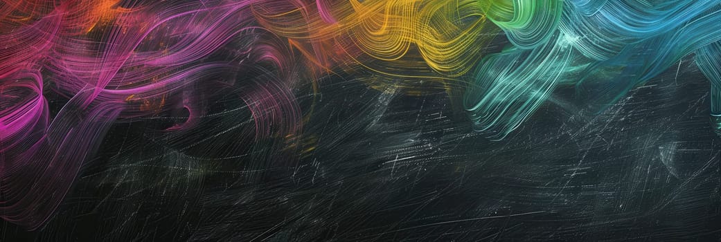 A chalkboard displays vibrant spirals and abstract shapes, showcasing creativity during an interactive art activity in a classroom setting.