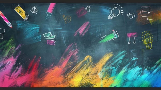 A chalkboard features vibrant brush strokes adorned with drawings of globes, rulers, lightbulbs, and other school items, creating an engaging learning environment.