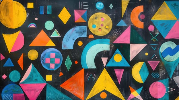 A blackboard displays a variety of colorful geometric shapes and patterns, showcasing creativity and artistic expression in an educational environment.