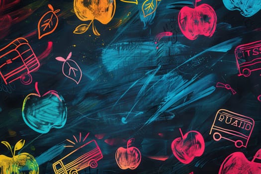 A chalkboard showcases vibrant brush strokes and detailed drawings of classroom essentials like globes, rulers, and lightbulbs, inspiring creativity.