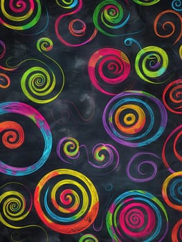 A chalkboard is filled with vibrant spirals and abstract shapes, showcasing a playful, artistic expression in a learning environment.