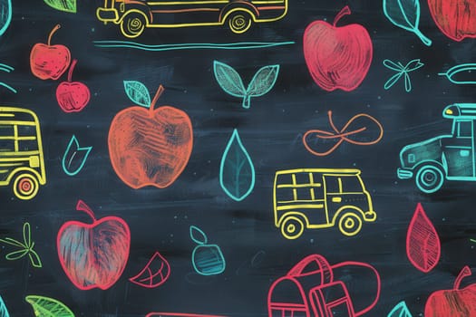 A vibrant chalkboard showcases colorful brush strokes and detailed drawings of classroom items like globes, rulers, calculators, and lightbulbs.