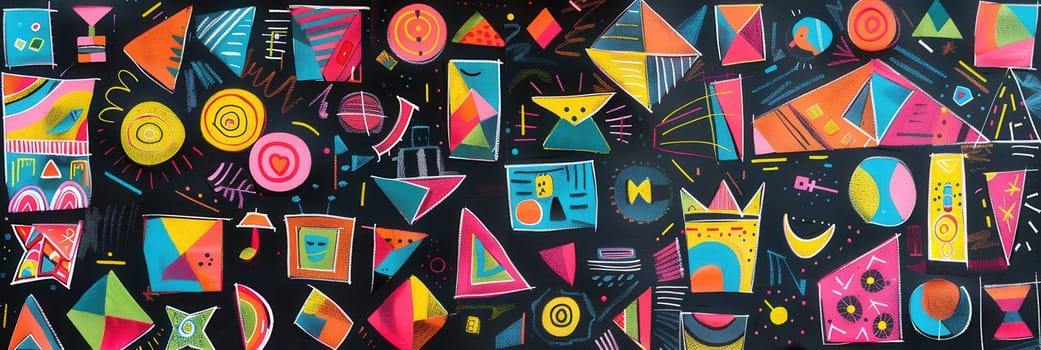 Brightly colored geometric shapes and patterns fill a blackboard, showcasing creativity and artistic expression during an engaging art class.