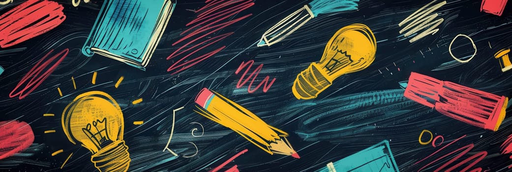 The chalkboard is adorned with vibrant brush strokes and intricate drawings of school supplies, fostering a creative learning environment.