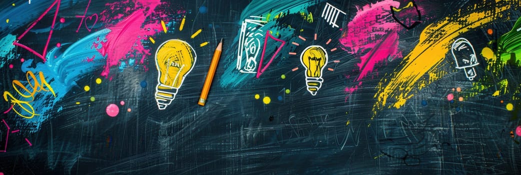 A chalkboard features vibrant brush strokes and drawings of globes, rulers, calculators, and lightbulbs, creating an engaging educational atmosphere.