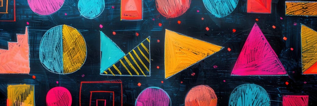 A blackboard displays vibrant geometric shapes including triangles, circles, and squares, creating an engaging and colorful learning environment.