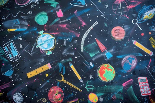 The chalkboard features vibrant brush strokes and detailed drawings of classroom essentials, enhancing the educational atmosphere for students.