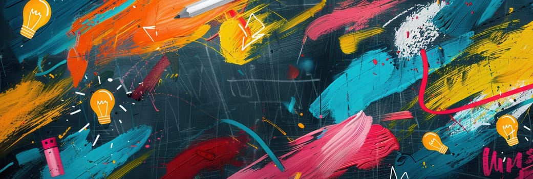 The chalkboard showcases bright brush strokes and detailed drawings of classroom essentials like globes, rulers, and lightbulbs, creating a lively educational atmosphere.