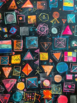 A blackboard is filled with an array of vibrant geometric shapes and patterns, showcasing creativity during an art-focused classroom session.