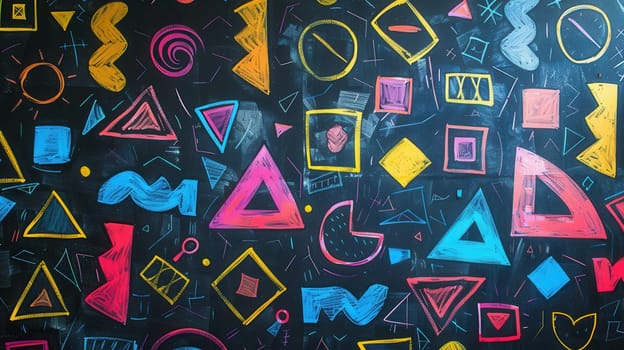 A blackboard is filled with vibrant geometric shapes and patterns, showcasing creativity and learning in an educational environment.