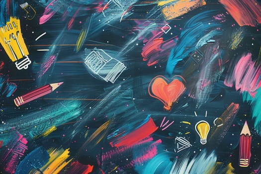 A chalkboard showcases colorful brush strokes alongside drawings of globes, rulers, calculators, pencils, and lightbulbs, creating an inspiring educational atmosphere.