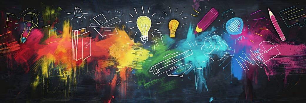 A vibrant chalkboard displays colorful brush strokes and detailed drawings of educational items, inspiring creativity and learning in a classroom setting.