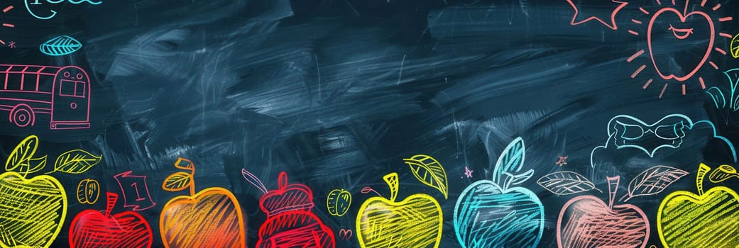 A vibrant chalkboard showcases artistic brush strokes and detailed drawings of globes, rulers, lightbulbs, and other classroom essentials.