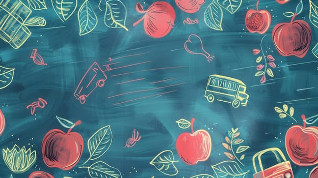 A chalkboard showcases vibrant brush strokes and detailed drawings of globes, rulers, calculators, lightbulbs, and apples, inspiring creativity in the classroom.