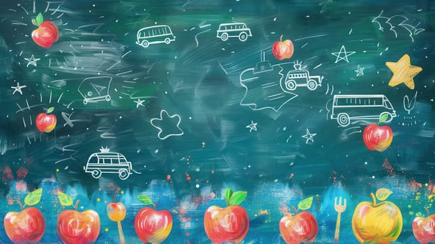 A chalkboard filled with vibrant brush strokes and intricate drawings of globes, rulers, pencils, lightbulbs, and calculators, creating an inspiring atmosphere.