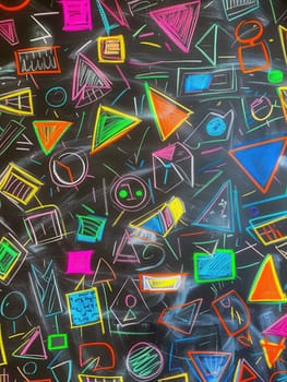 A blackboard displays vibrant geometric shapes and patterns created during a hands-on arts and crafts activity.
