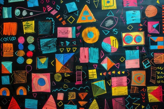 Colorful geometric shapes and patterns fill a black chalkboard, showcasing creativity and artistic expression in a classroom setting.
