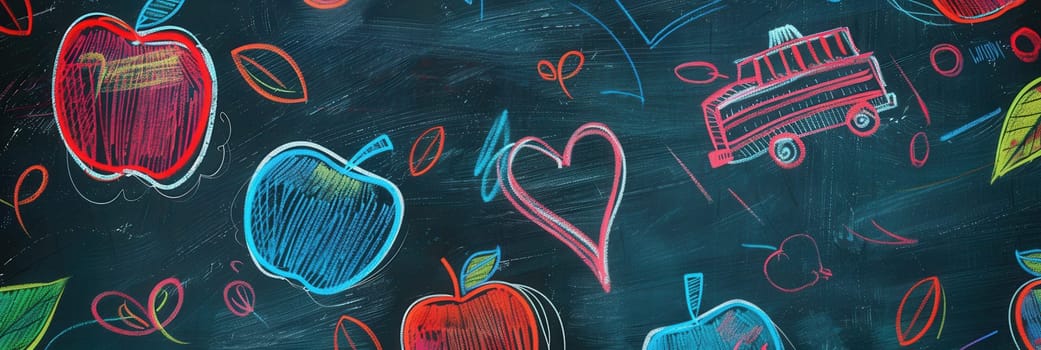 A chalkboard showcases colorful brush strokes and intricate drawings of globes, rulers, calculators, apples, and lightbulbs, creating an inviting educational atmosphere.