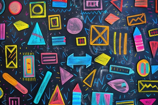A blackboard showcases vibrant geometric shapes and patterns created with colorful chalk during a creative art class activity.
