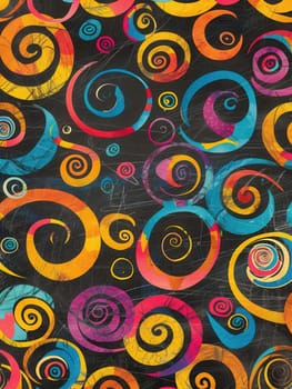 A chalkboard displays vibrant spirals and abstract shapes in a creative burst, showcasing students' artistic expressions from a recent art class.